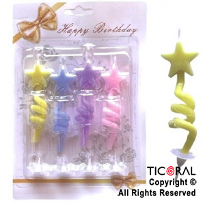 VELA RULO ESTRELLA MULTICOLOR PASTEL 9 CM x 4 UNIDADES